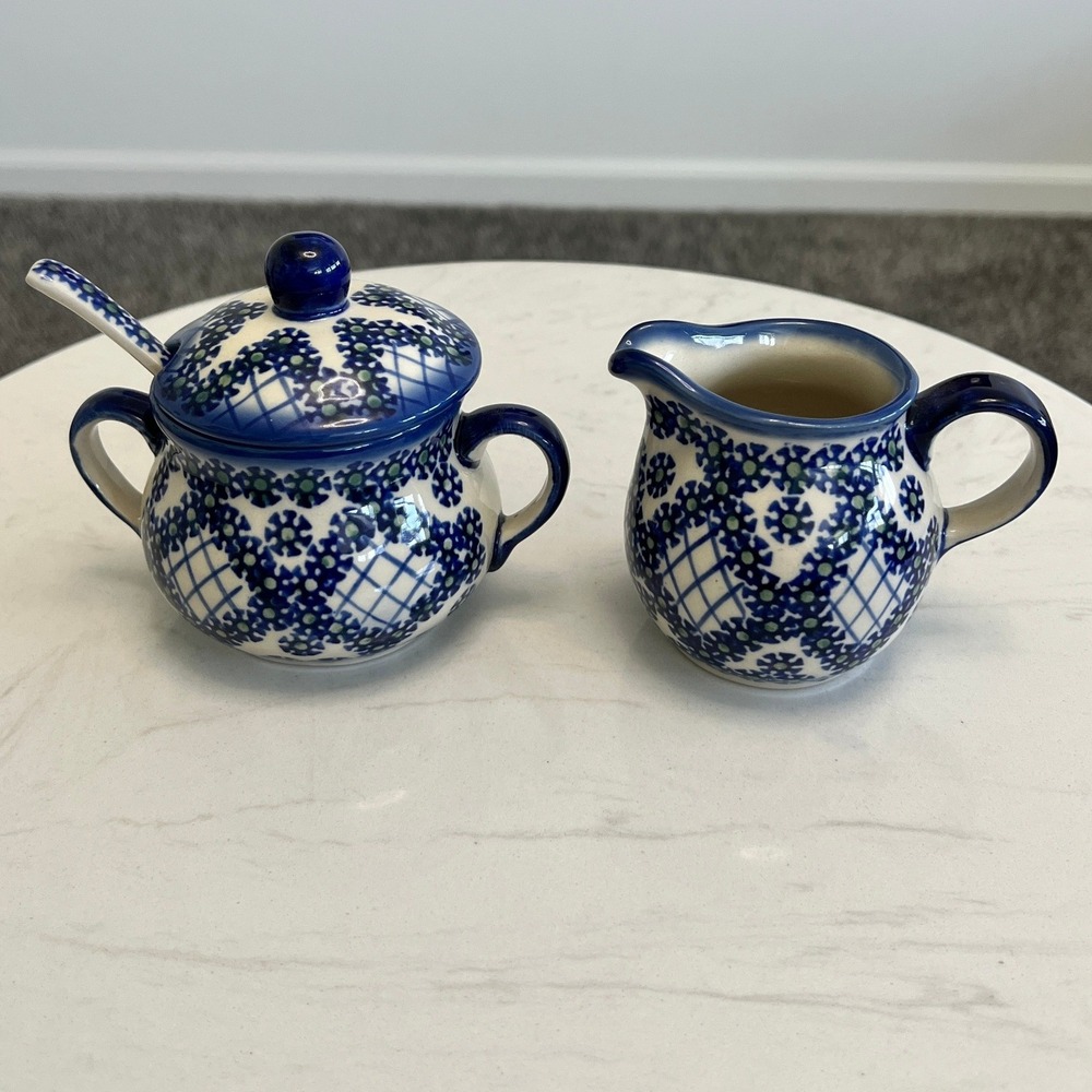 Unikat Polish Pottery Cream Sugar Set Hand Painted Blue‎ Floral Boleslawiec